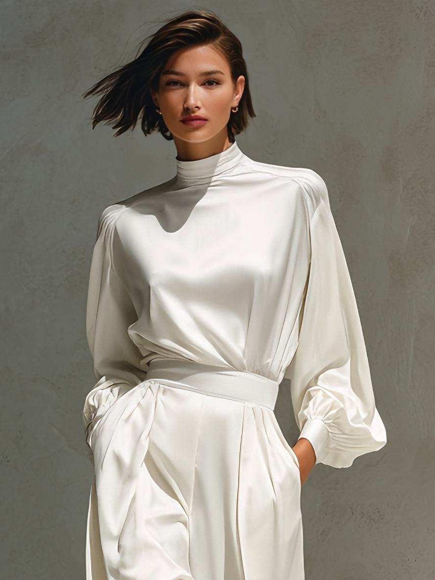 Women's Luxe Satin Ivory Mock-Neck Puff-Sleeve Wide-Leg Pants Set MDA1710L3AU