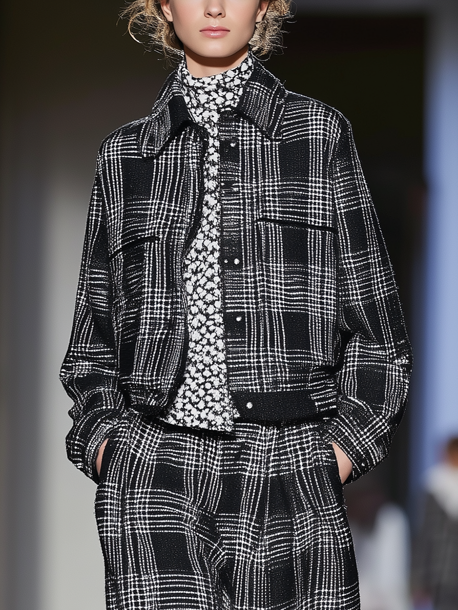 Women's Black And White Checkered Loose Jacket And Wide-Leg Pants Two-Piece Set MDA0753K8T