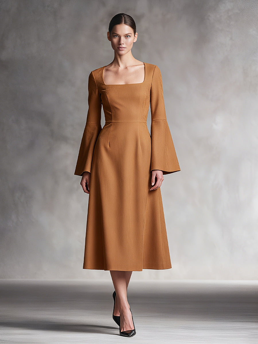 Women's Camel Elegant Faux Suede Square - Neck Bell - Sleeve Midi Dress MDA1583I0I