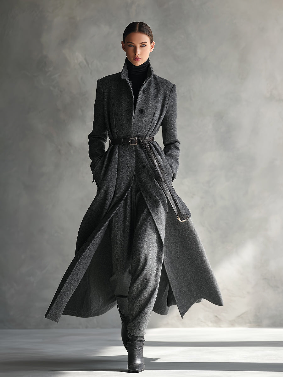 Women's Grey Elegant Wool - Blend Belted Maxi Trench Coat (with out )MDA1074I6I