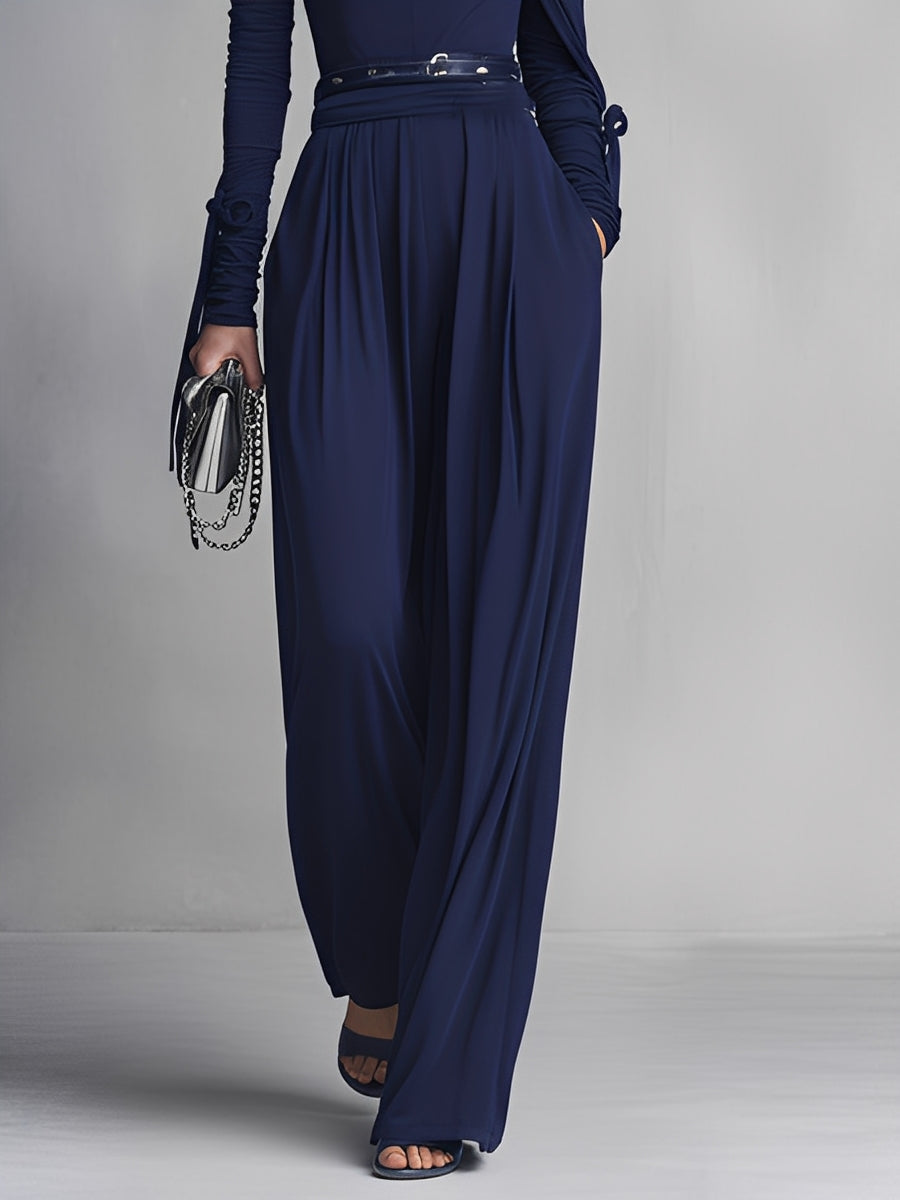 Women's Navy Draped Textured Jumpsuit With Turtleneck & Wide-Leg Silhouette, Modern Sophisticated Style Jumpsuit (without Belt) MDA1783L4I