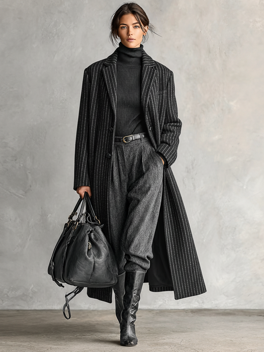 Women's Striped Wool Blend Single-breasted Long Coat MDA2694I5Y