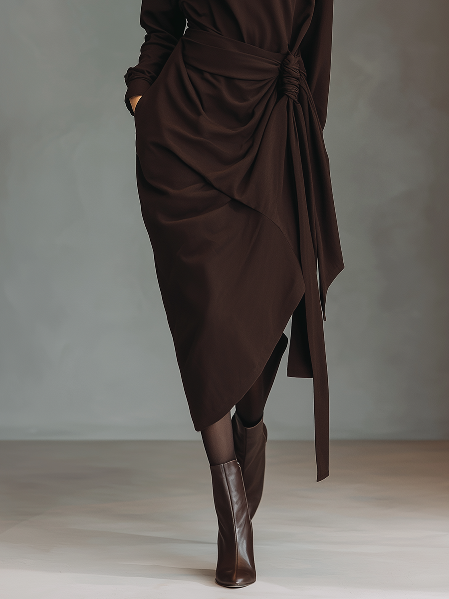 Women's Dark Brown Cotton Blend Draped Tie-waist Irregular Midi Dress MDA0462K3T