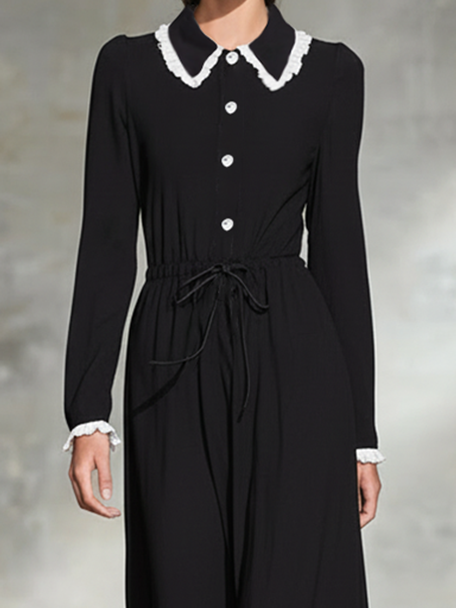 Women's Black Peter Pan Collar Drawstring Maxi Dress MDA1265L0AP