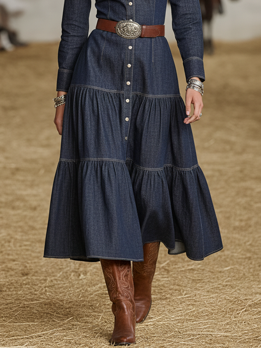 Women's Washed Denim Stand Collar Single-breasted Belt Maxi Dress MDA0576K0Y