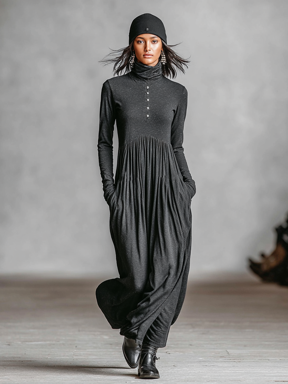 Women's Casual High-neck Loose Maxi Dress MDA0723H0Y