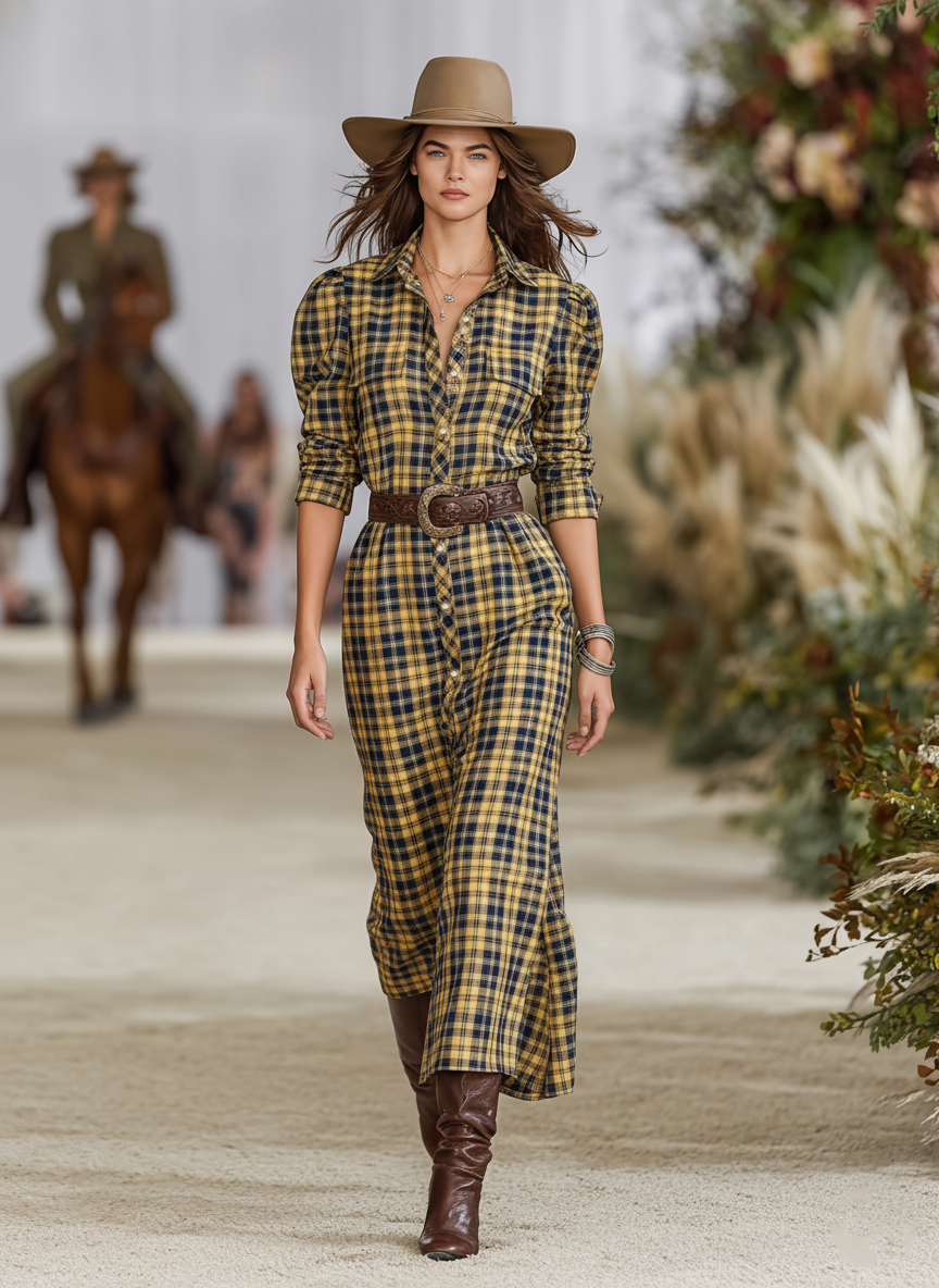 Women's Plaid Print Lapel Maxi Dress (Belt Not Included) MDA2532J0Y