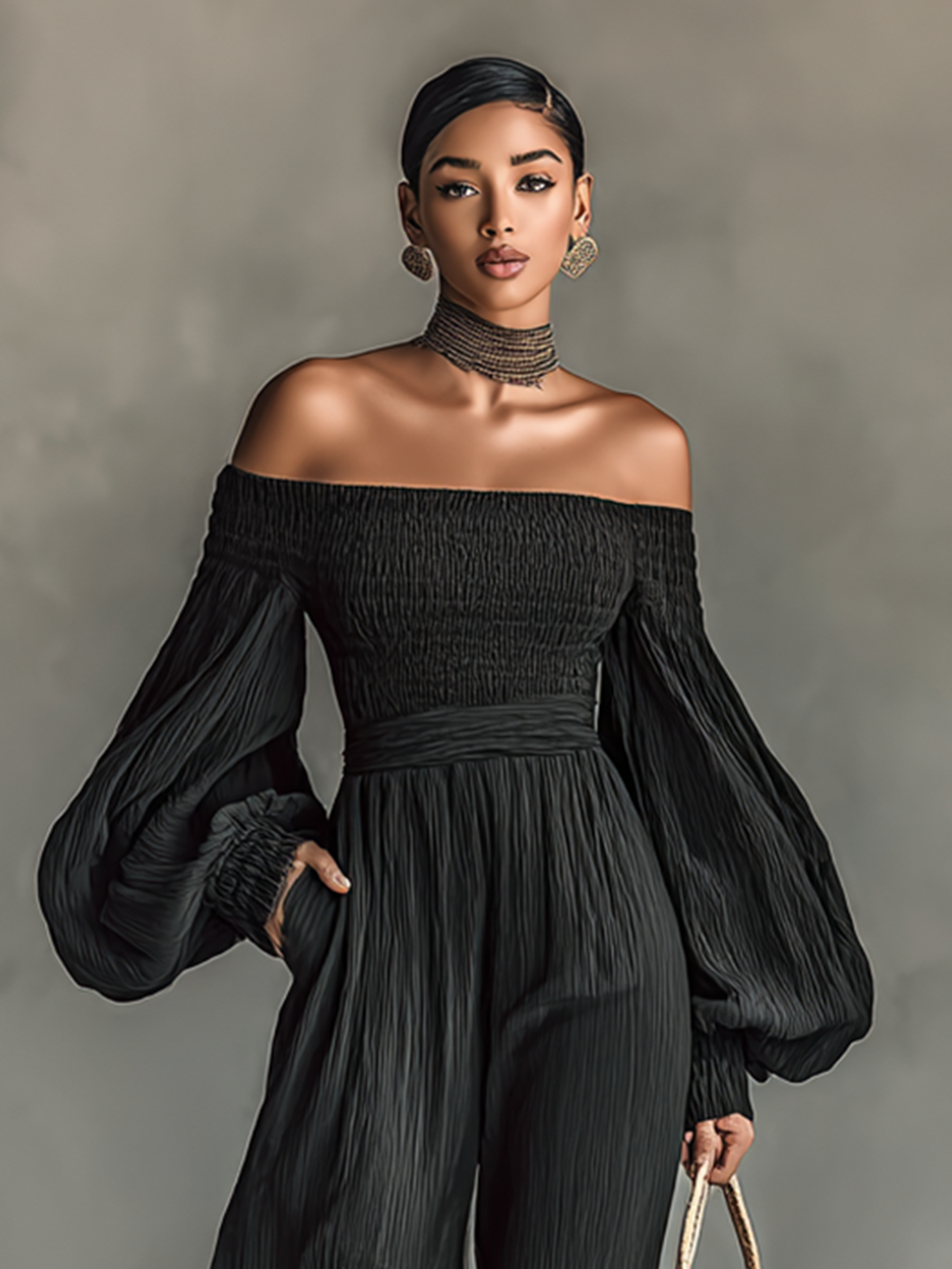 Women's Off-the-shoulder Long-sleeved Pleated Fabric Jumpsuit MDA1515G1Y