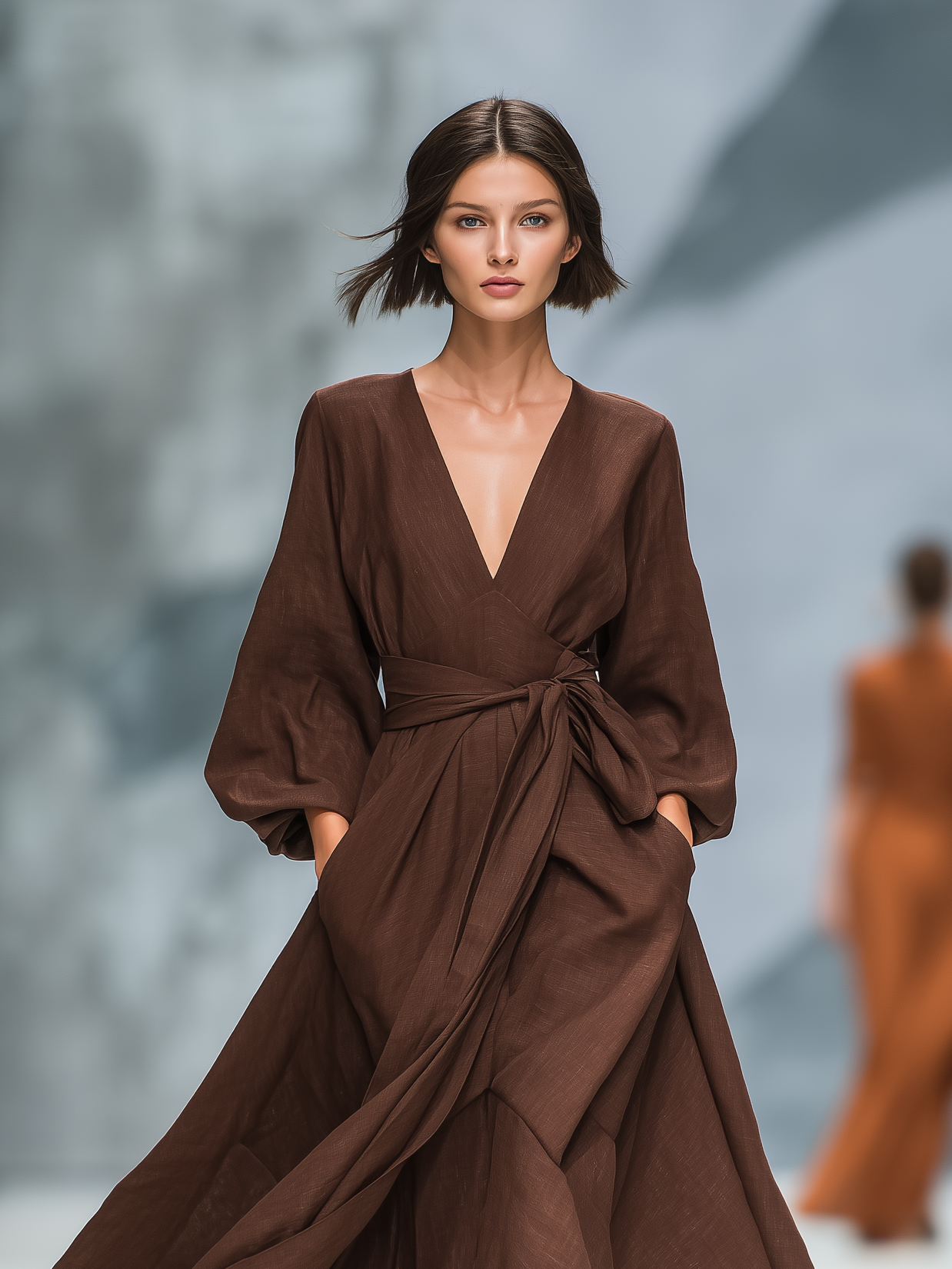 Women's Elegant Dark Brown V-neck Long-sleeved Cotton And Linen Blend Woven Maxi Dress MDA3112L3AN