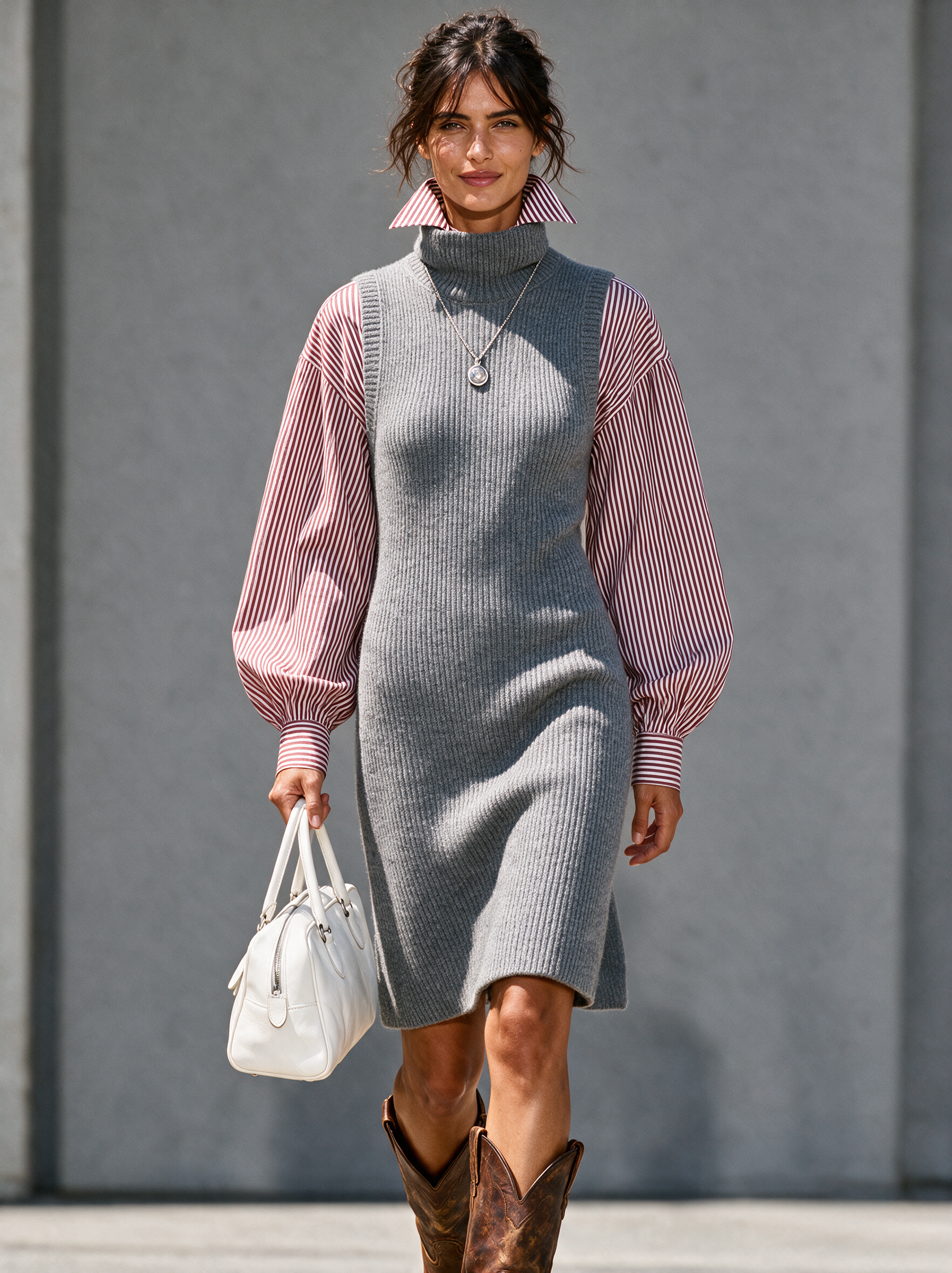 Women's Retro Mock-Neck Sweater Dress And Striped Long-Sleeve Shirt Set MDZ2130H9WY