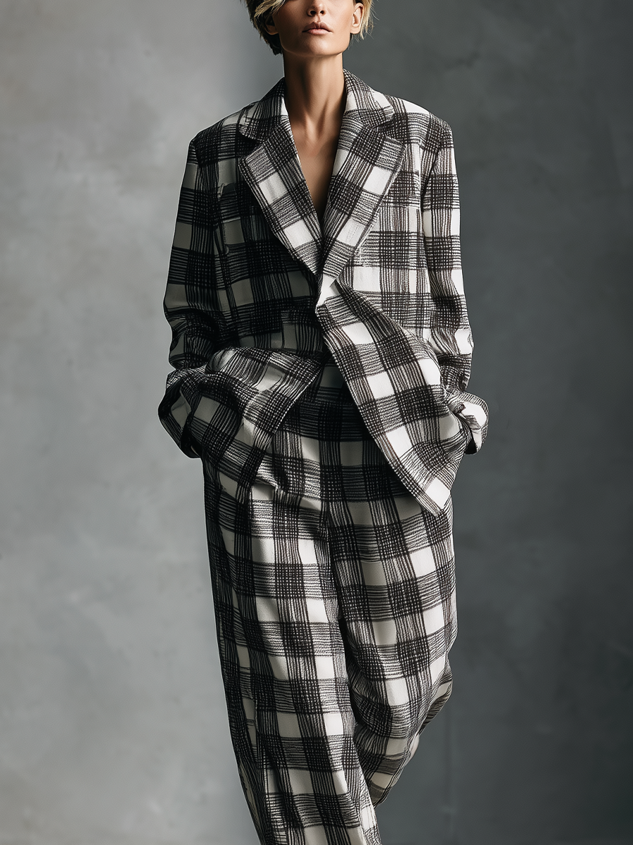 Women's Black And White Checkered Cotton Blend Casual Set MDA0578K4T