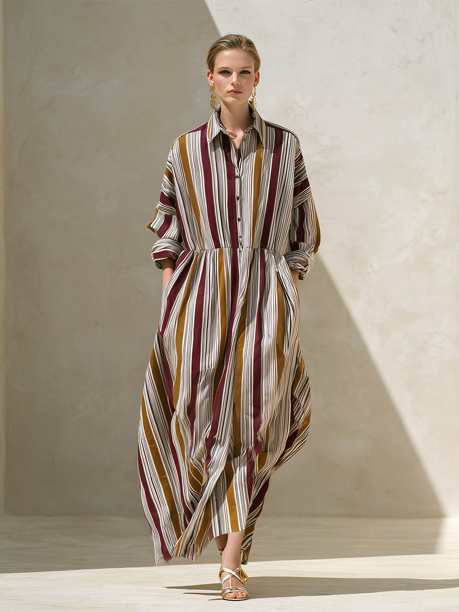 Women's Striped Bohemian Cotton - Linen Maxi Shirt Maxi Dress MDA1183H0I