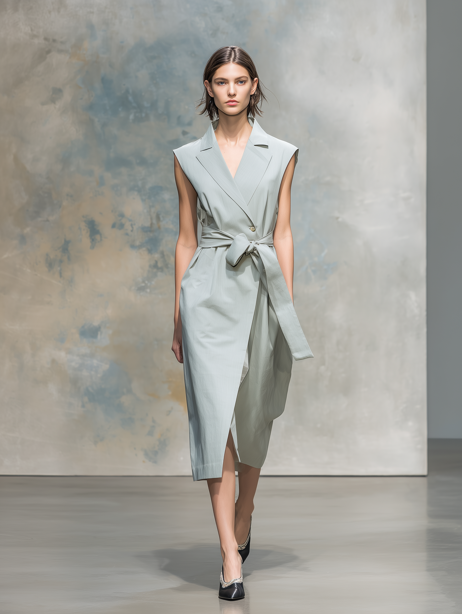 Women's Elegant Blue-gray Woven Suit Dress With Lapel Collar, Sleeveless Design, And A Slim Fit MDA2670L2AN