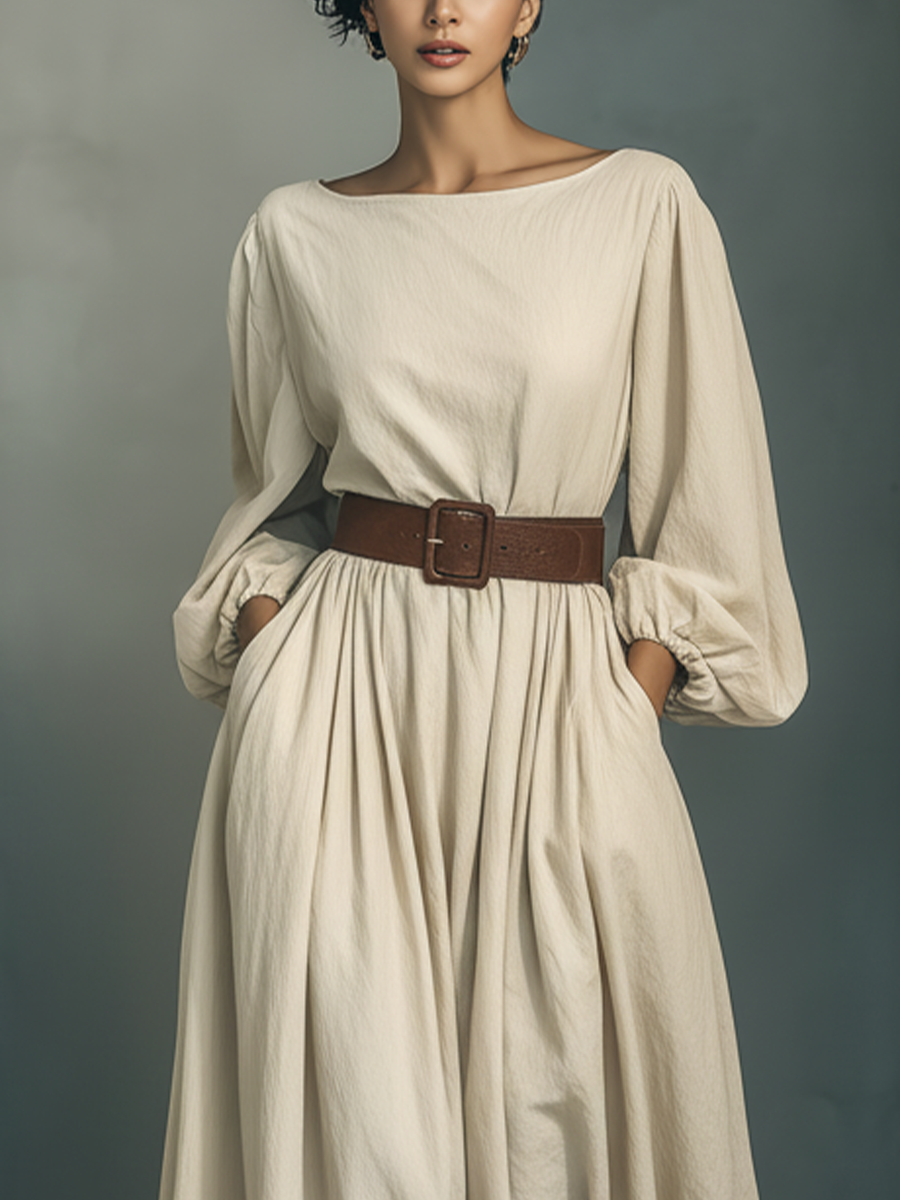 Women's Off-white Cotton Linen Puff Sleeve Fitted Waist Long Dress MDA3034K5T