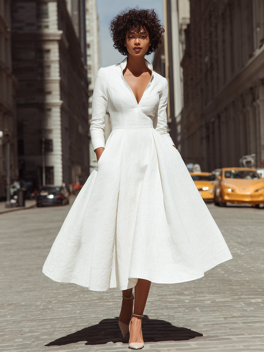 Women's Crisp White Linen Dress With Deep V-Neck & Flared Midi Skirt, Timeless Effortless-Chic Style Dress MDA1881L9I