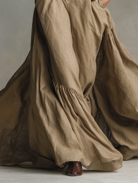 Women's Cotton And Linen Blend Long-sleeved Floor-length Shirt Maxi Dress MDA3050G7Y