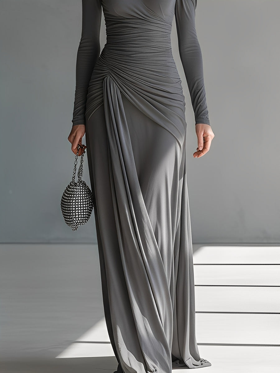 Women's Grey Silky Stretch Sophisticated Ruched Detail Cut-Out Maxi Dress MDA0546K6I