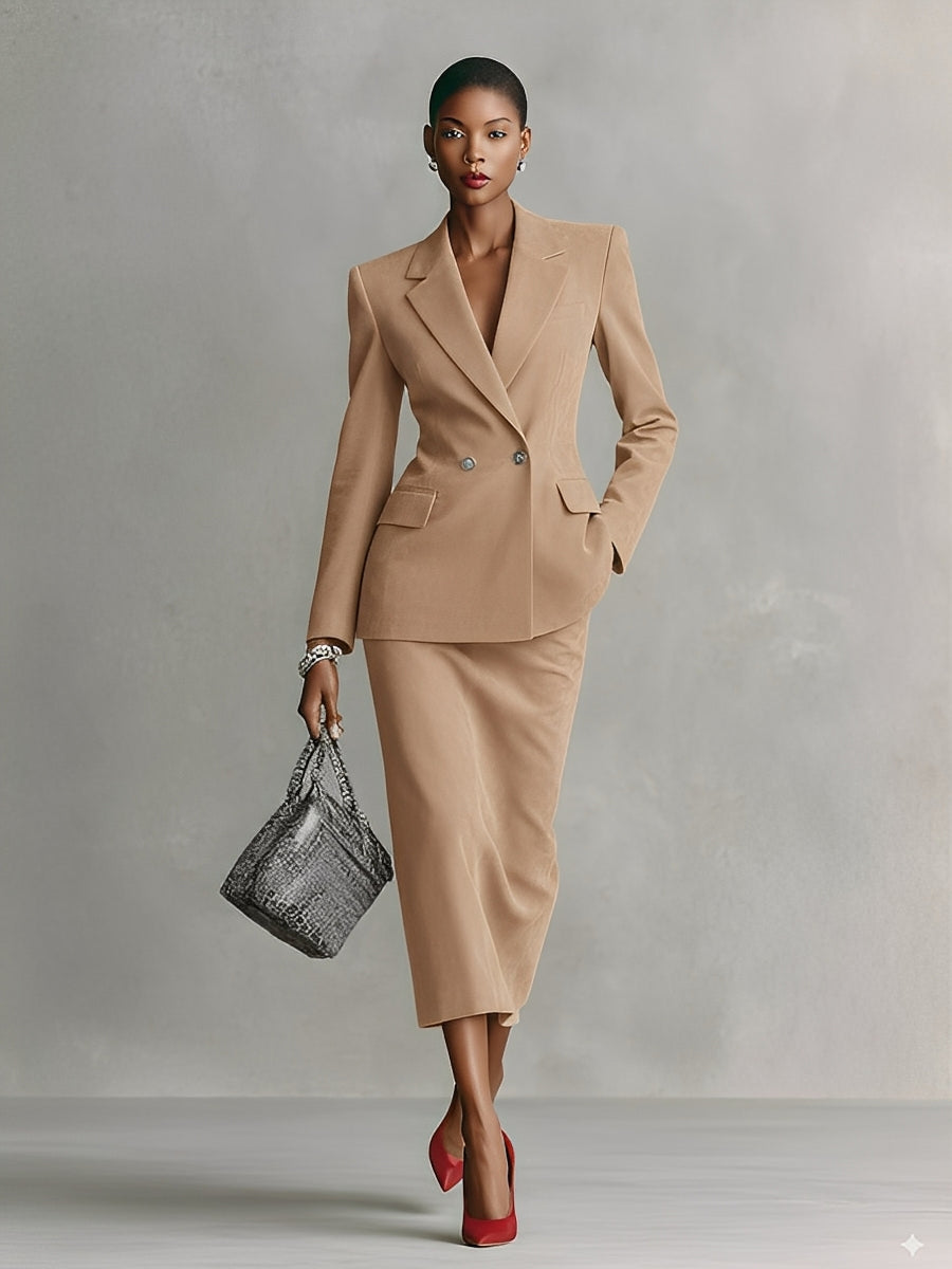 Women's Camel Elegant Faux Suede Double - Breasted Blazer And Midi Skirt Set MDA1833I7I