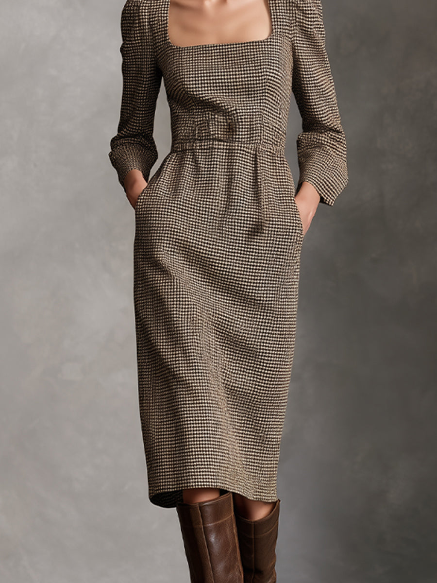 Women’s Tan & White Gingham Classic Elegant Waist-Cinching Midi Dress MDA2998J6I