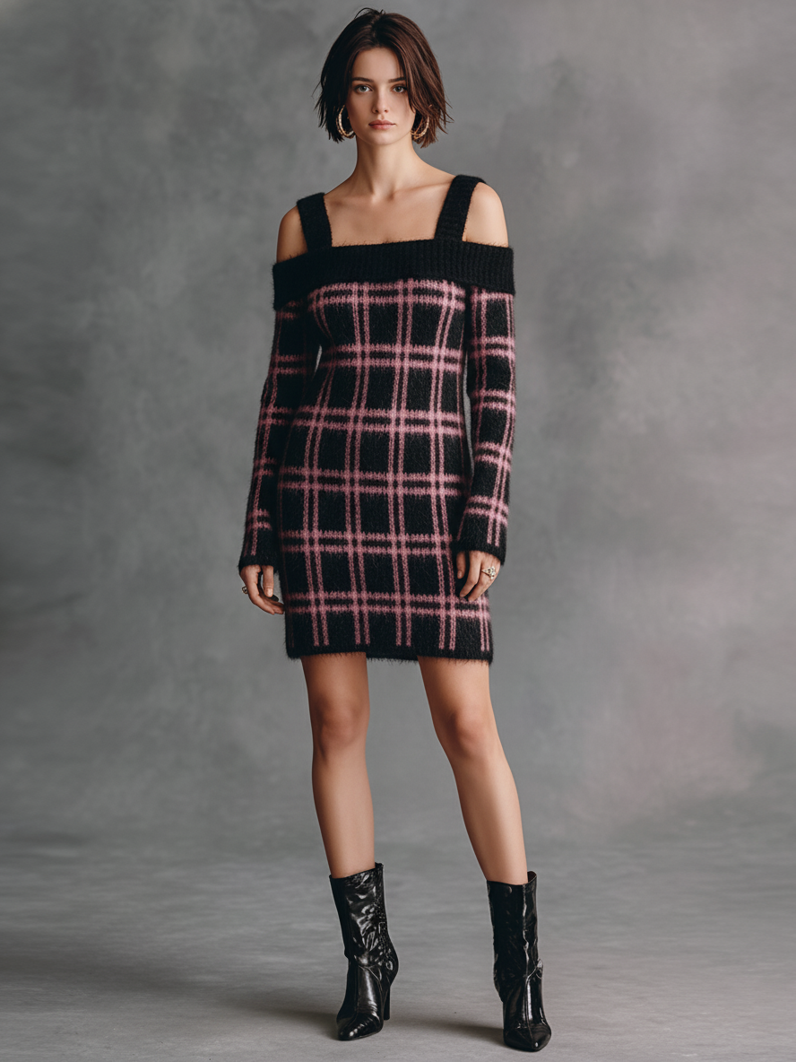 Women's Thick-strap Off-the-shoulder Checkered Knit Mini Dress MDA0944L5Y