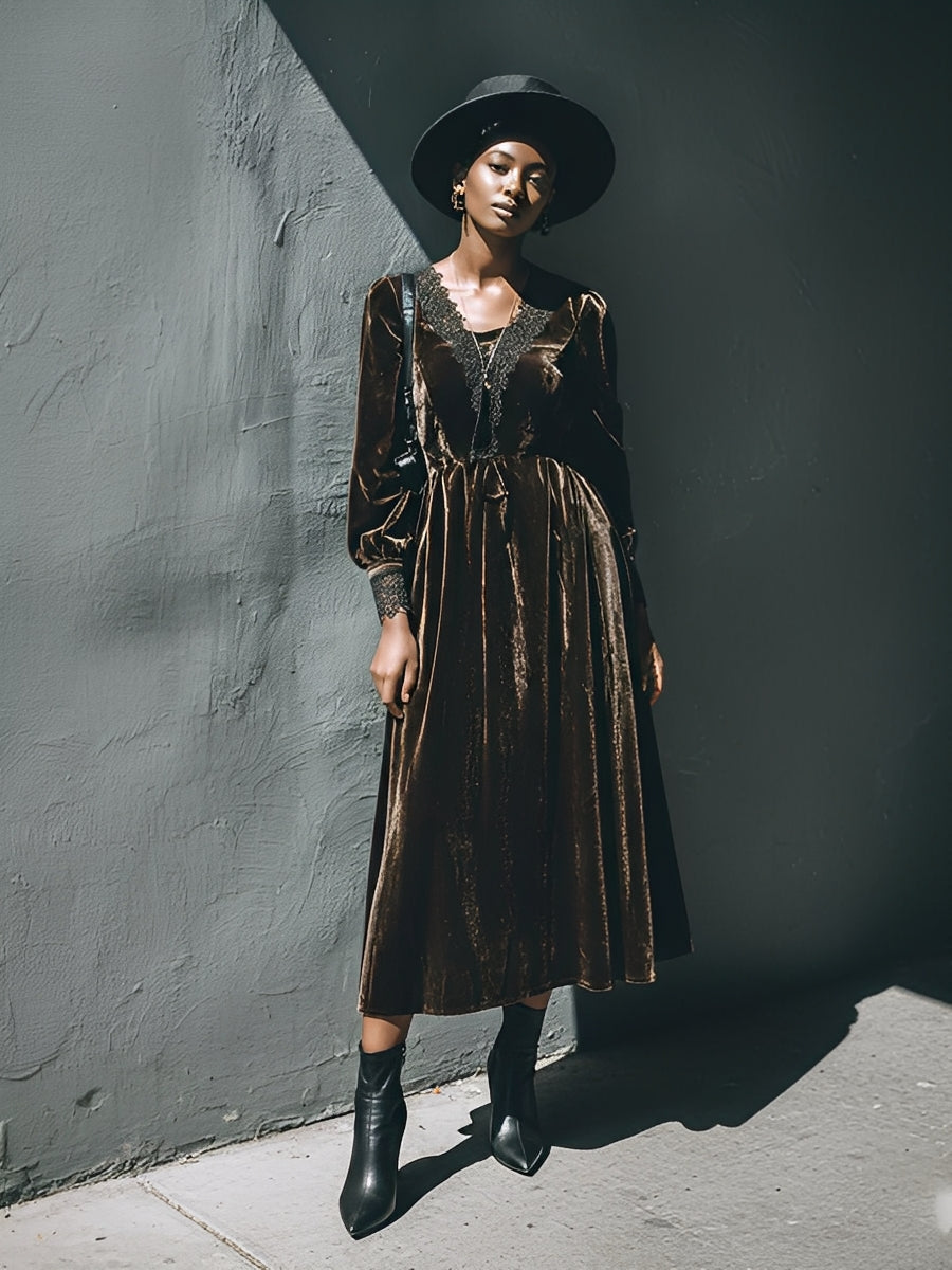 Women's Brown Vintage Velvet Lace - Trimmed Midi Dress MDA2140J7I