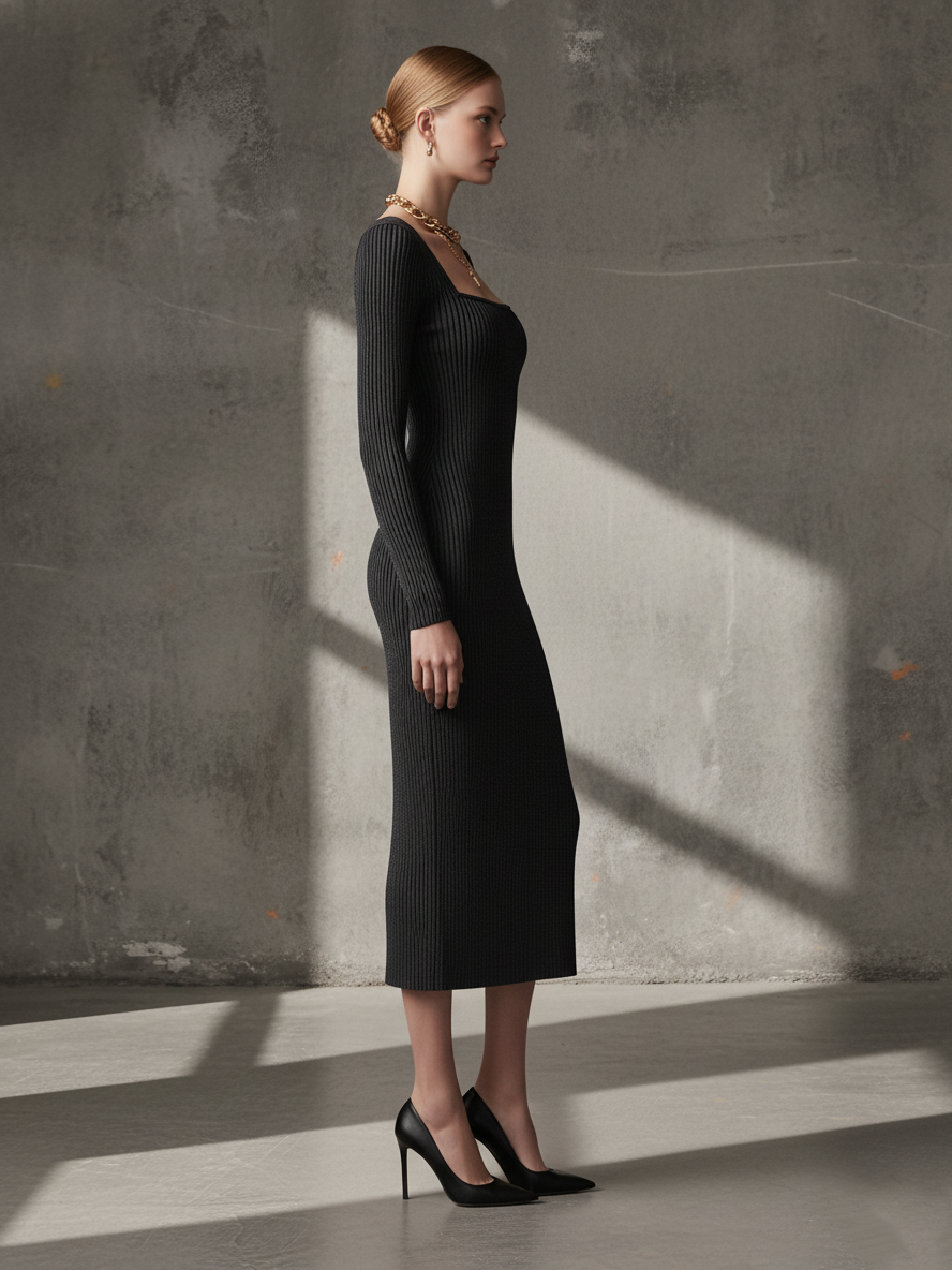 Women's Sleek Knit Charcoal Gray Square-Neck Ribbed Bodycon Midi Dress MDA1666L6AU