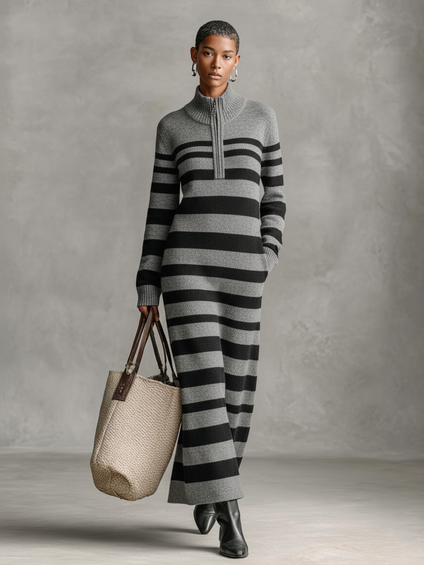 Women's Minimalist Knitted Striped Jacquard Zipper Neck Maxi Dress MDA1636J5Y