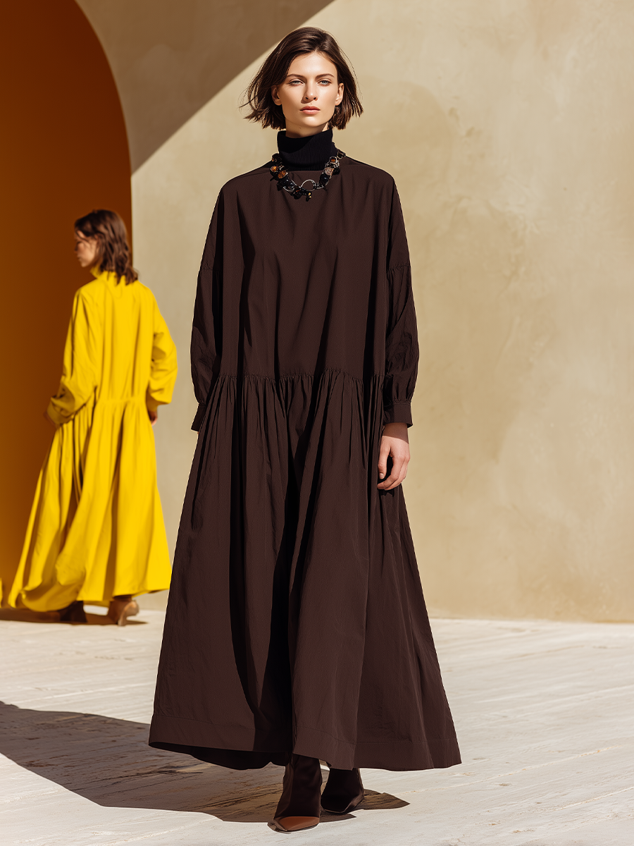 Women's Brown Structured Woven Dress With Relaxed Fit & High Neck, Modern Elegant Style Dress MDA0820L2I