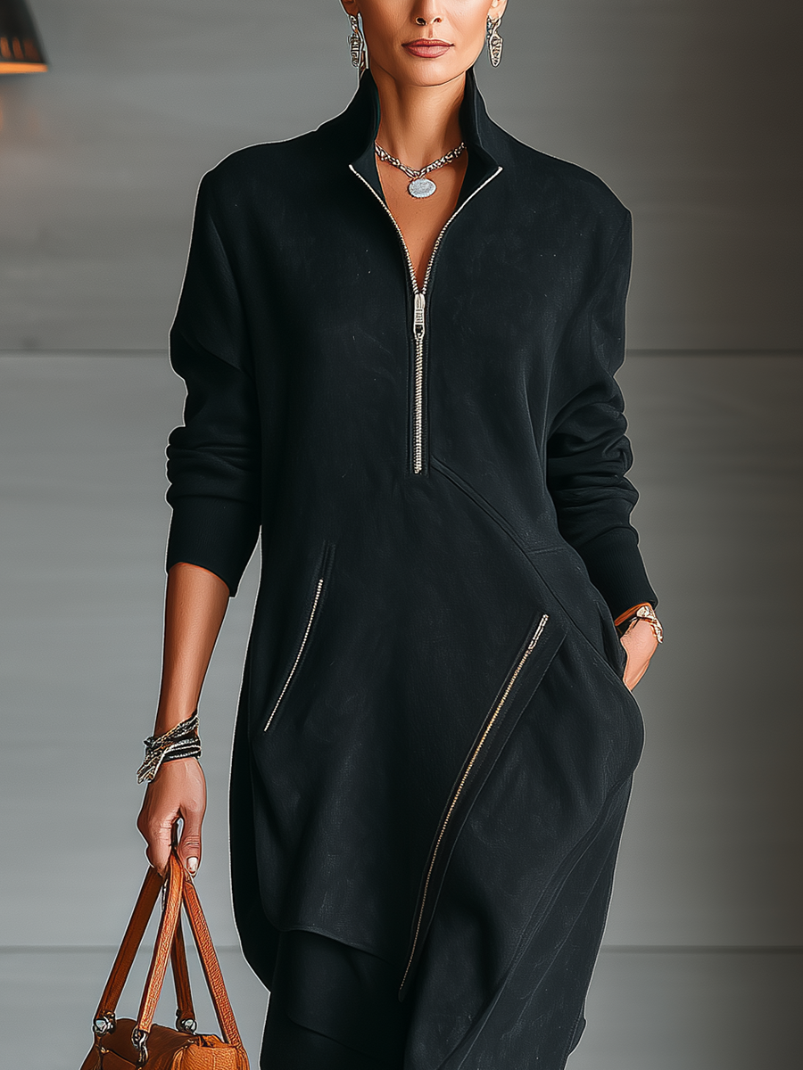 Women's Black Cotton Air Layer Stand Collar Half Zip Simple Sports Style Maxi Dress MDA2477I4T