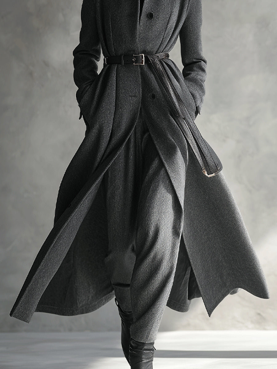 Women's Grey Elegant Wool - Blend Belted Maxi Trench Coat (with out )MDA1074I6I