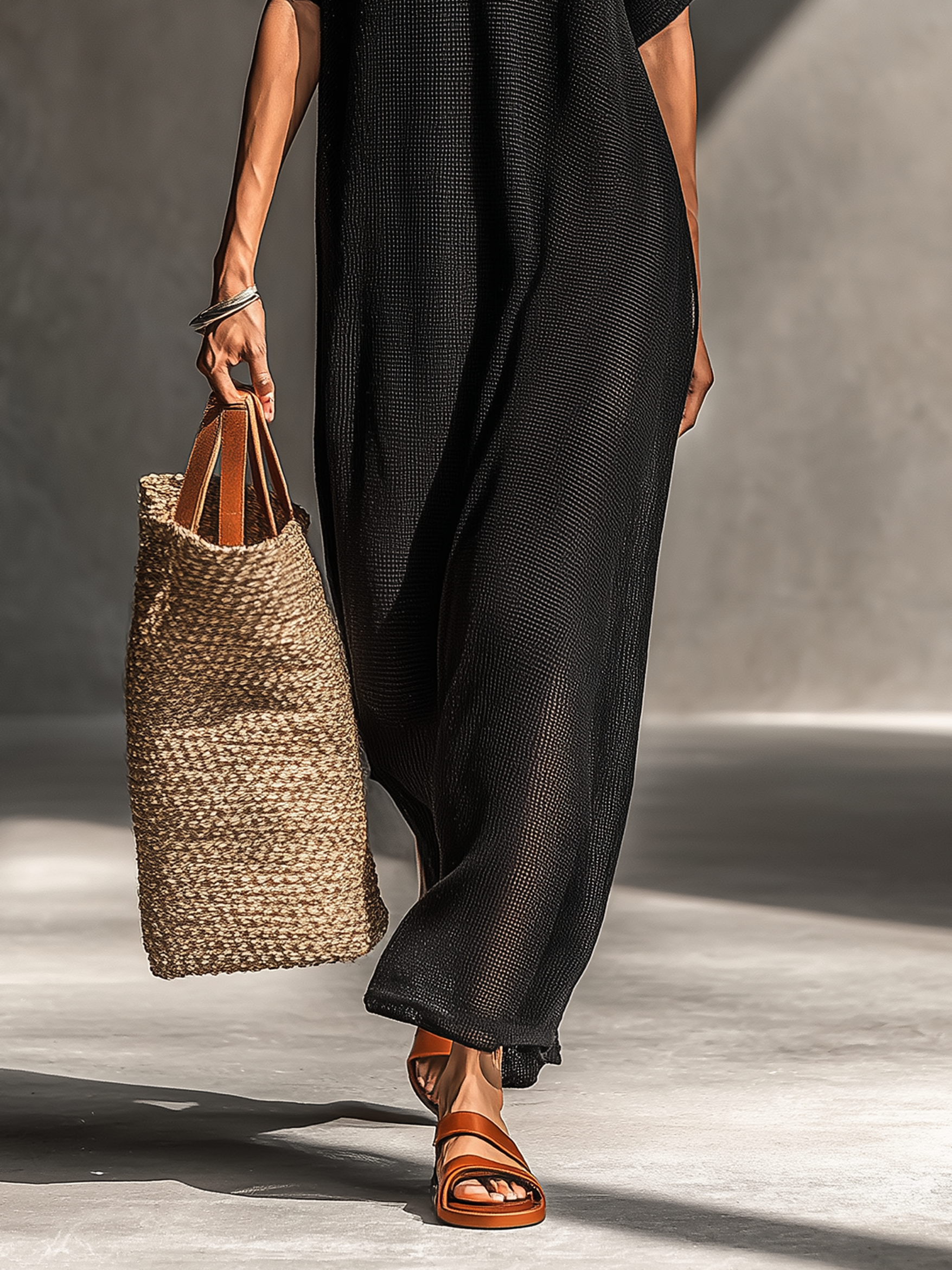 Women's Minimalist Sheer Knit Short-sleeved Maxi Dress MDZ0911A8Y