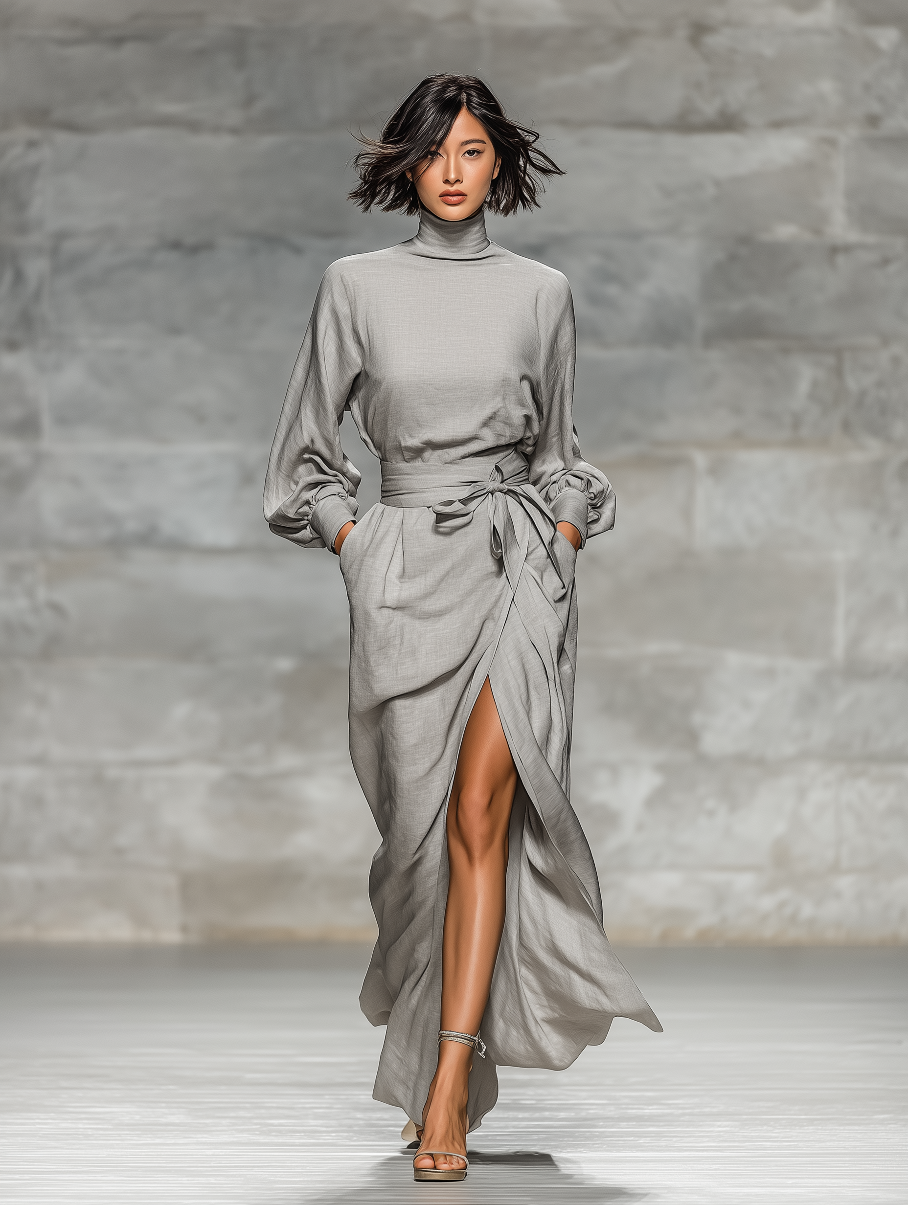 Women's Elegant Light Gray Woven High-neck Long-sleeved Slit Maxi Dress MDA1181L2AN