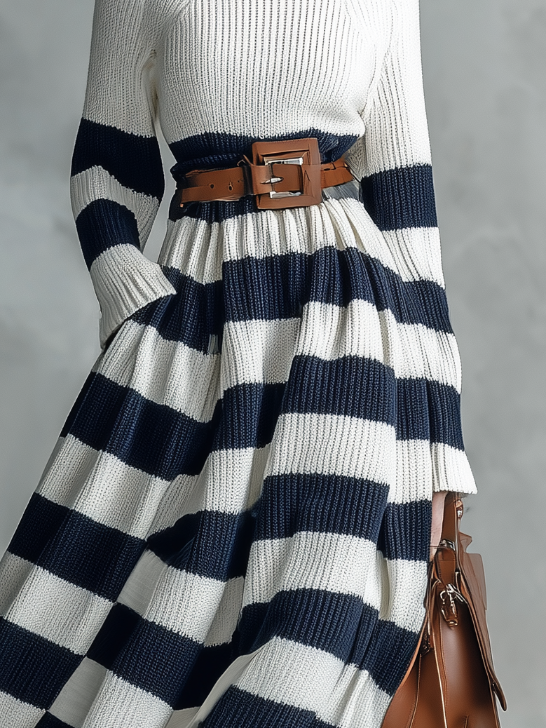 Women's Elegant Blue And White Striped Turtleneck Long-sleeved Knitted Maxi Dress (belt Not Included) MDA1186L6AN