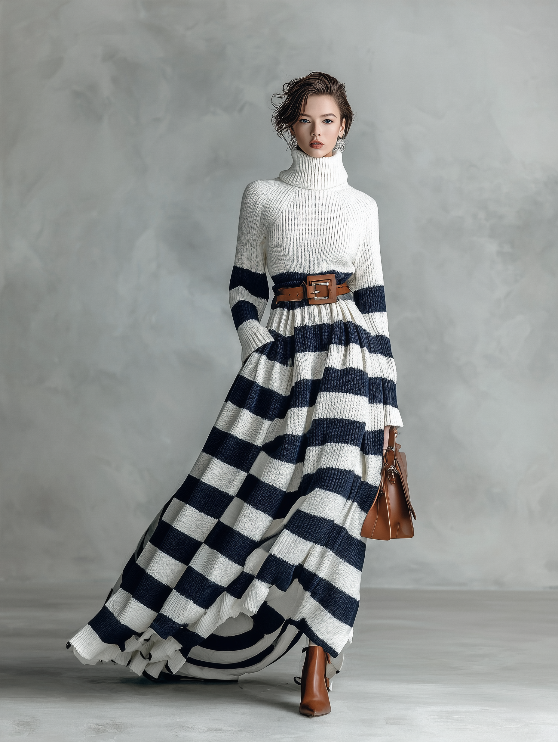 Women's Elegant Blue And White Striped Turtleneck Long-sleeved Knitted Maxi Dress (belt Not Included) MDA1186L6AN