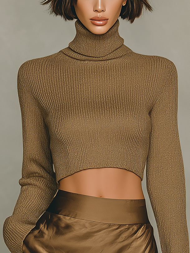 Women's Fashionable Gold-brown Turtleneck Long-sleeved Knit Top MDA2260L4AN