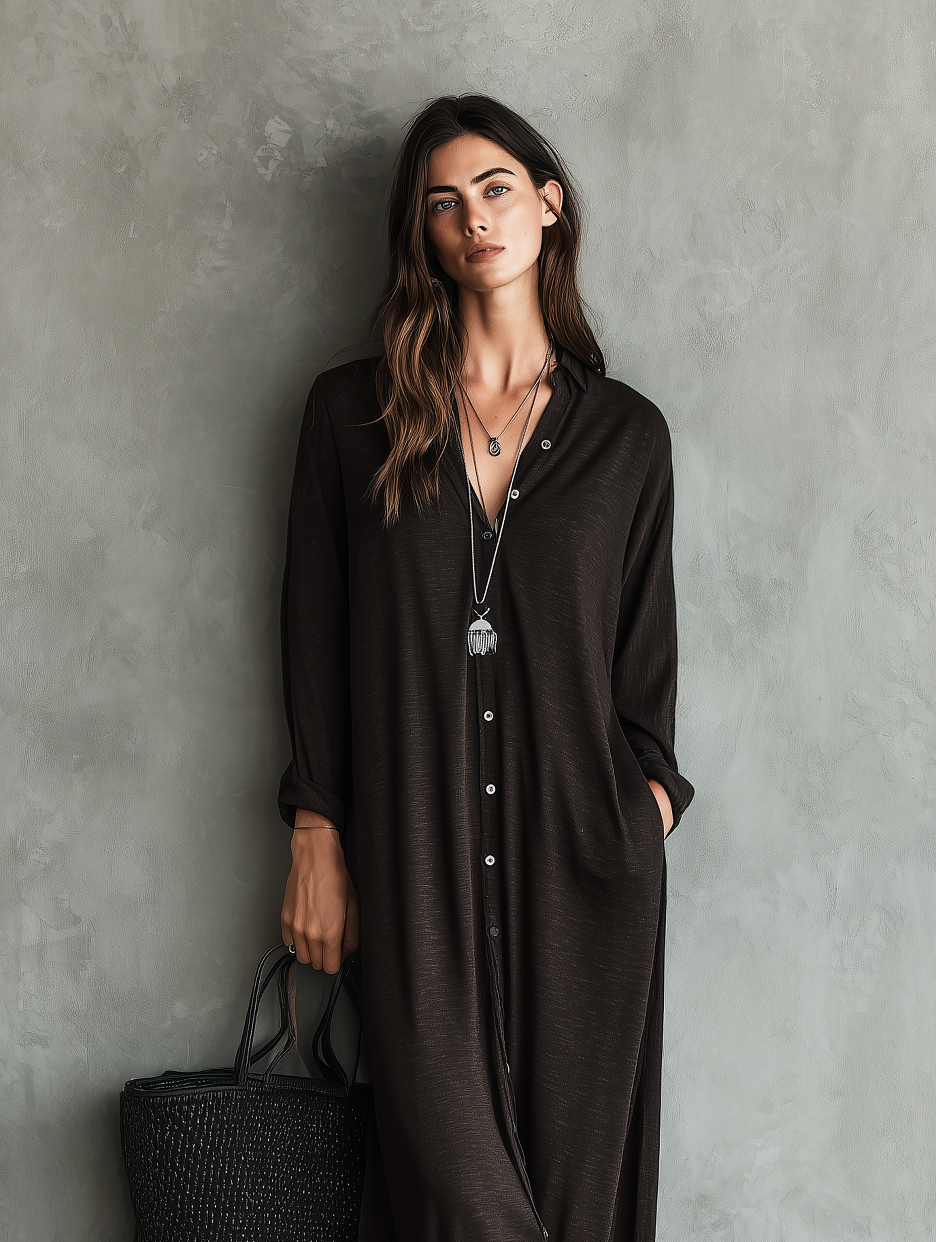 Women's Casual Dark Brown Long-sleeved Knitted Maxi Dress MDZ3051G8LXY