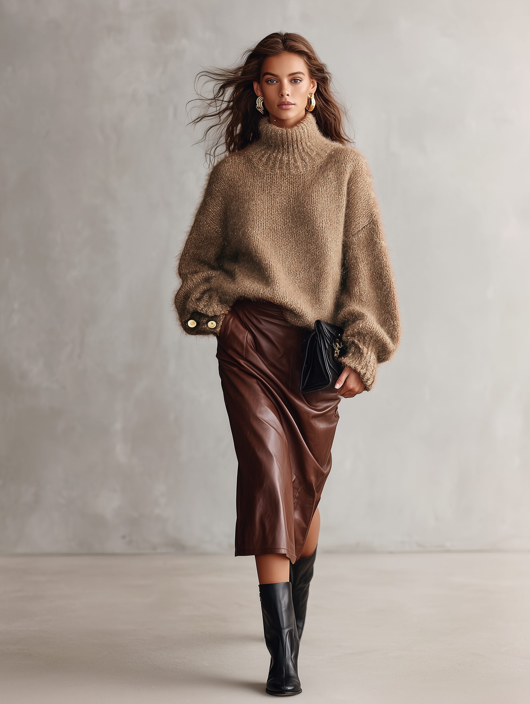 Women's Casual Camel Mohair-Blend Long-Sleeve Turtleneck Sweater