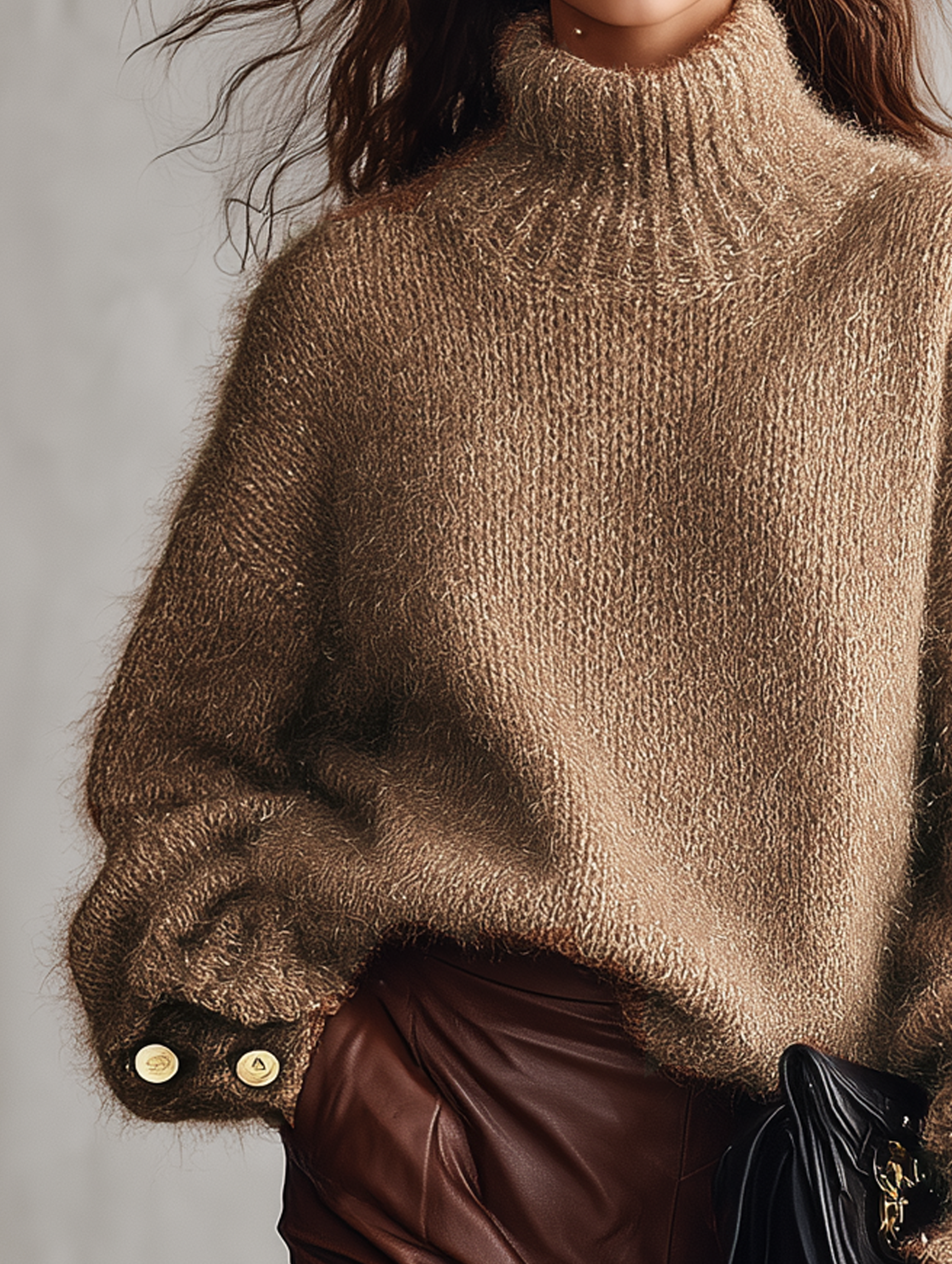 Women's Casual Camel Mohair-Blend Long-Sleeve Turtleneck Sweater