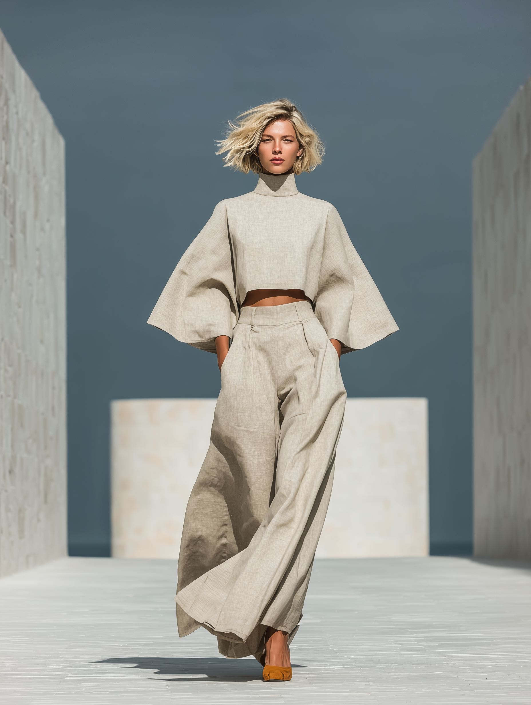 Women's Elegant Off-white Cotton-linen Woven Long-sleeved Top Paired With Wide-leg Trousers Set MDA1137L8AN