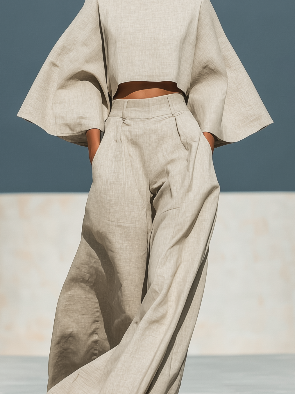 Women's Elegant Off-white Cotton-linen Woven Long-sleeved Top Paired With Wide-leg Trousers Set MDA1137L8AN