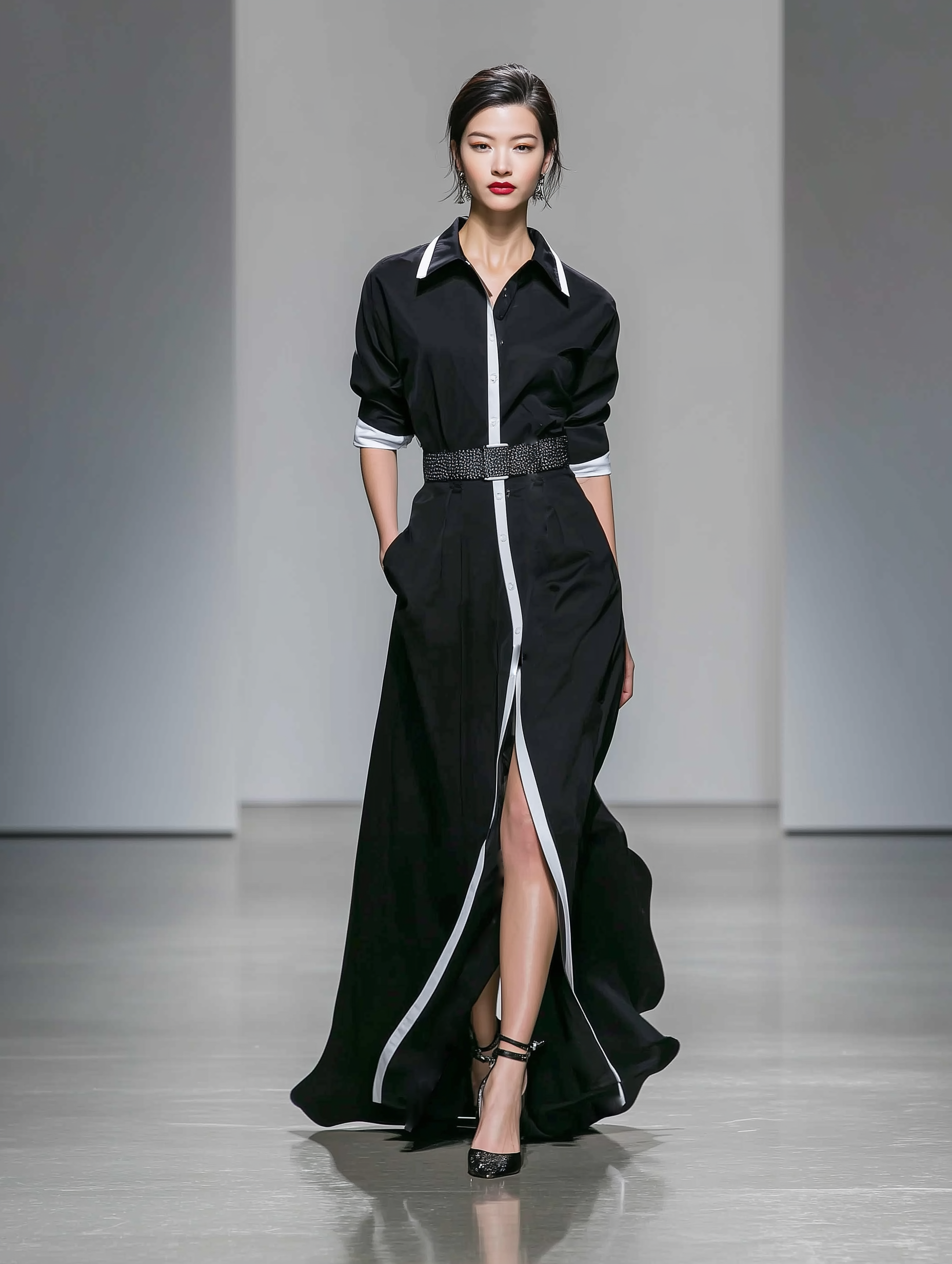 Women's Elegant Black Woven Shirt Collar Middle-sleeved Slim-fit Maxi Dress (belt Not Included) MDA1176L6AN