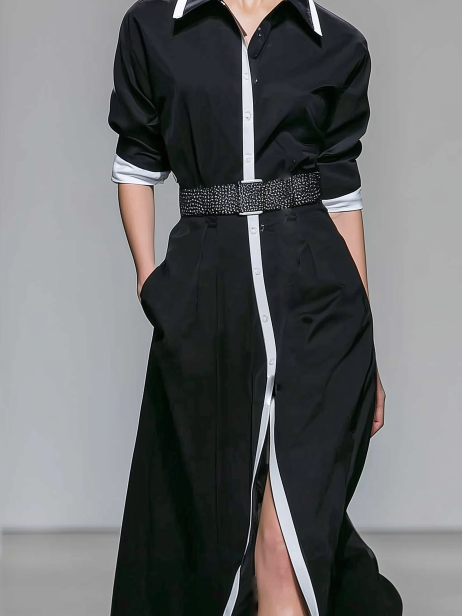 Women's Elegant Black Woven Shirt Collar Middle-sleeved Slim-fit Maxi Dress (belt Not Included) MDA1176L6AN