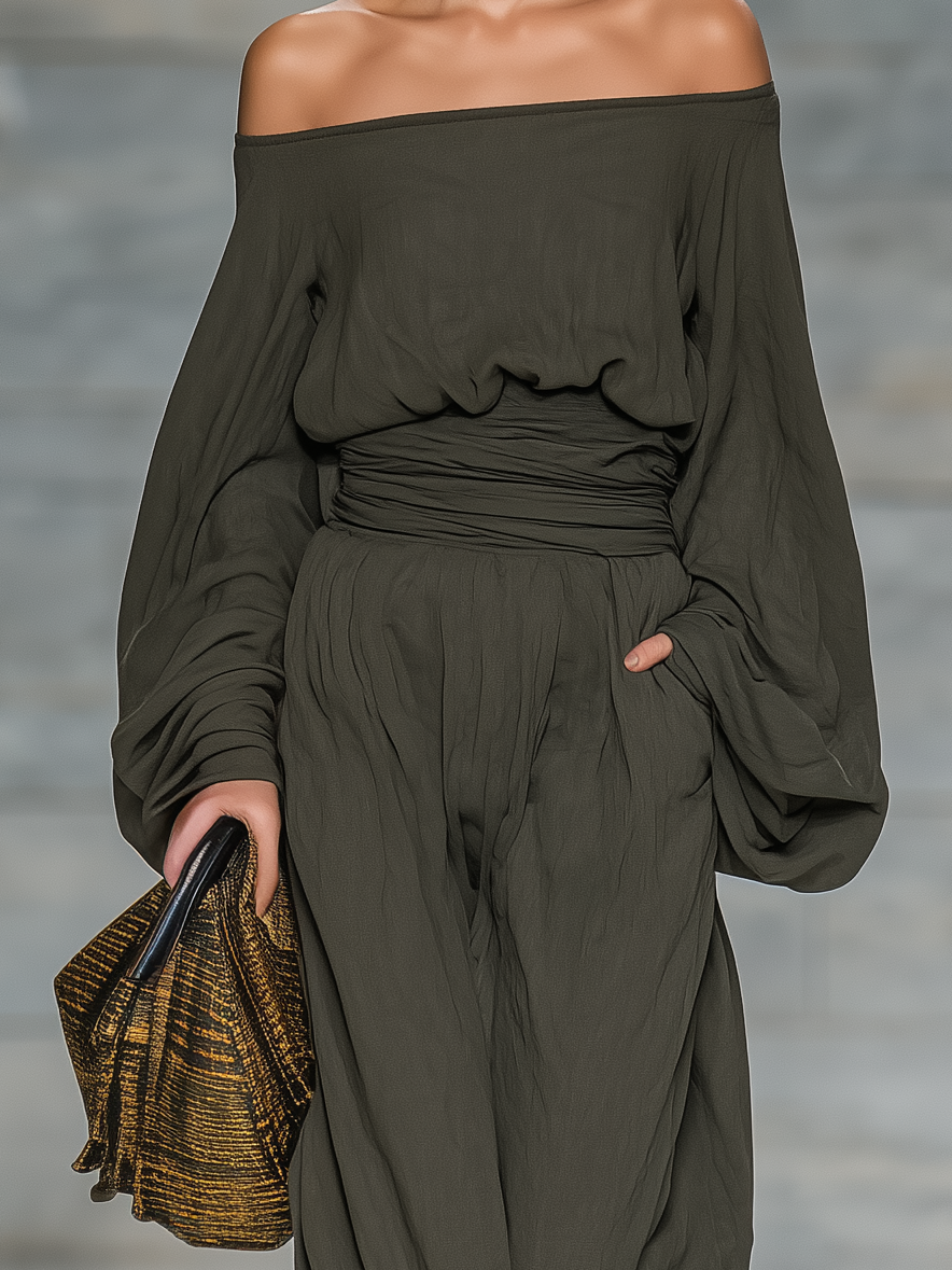 Women's Elegant Dark Green Cotton And Linen Off-shoulder Long-sleeved Loose-fitting Jumpsuit MDA1134L5AN