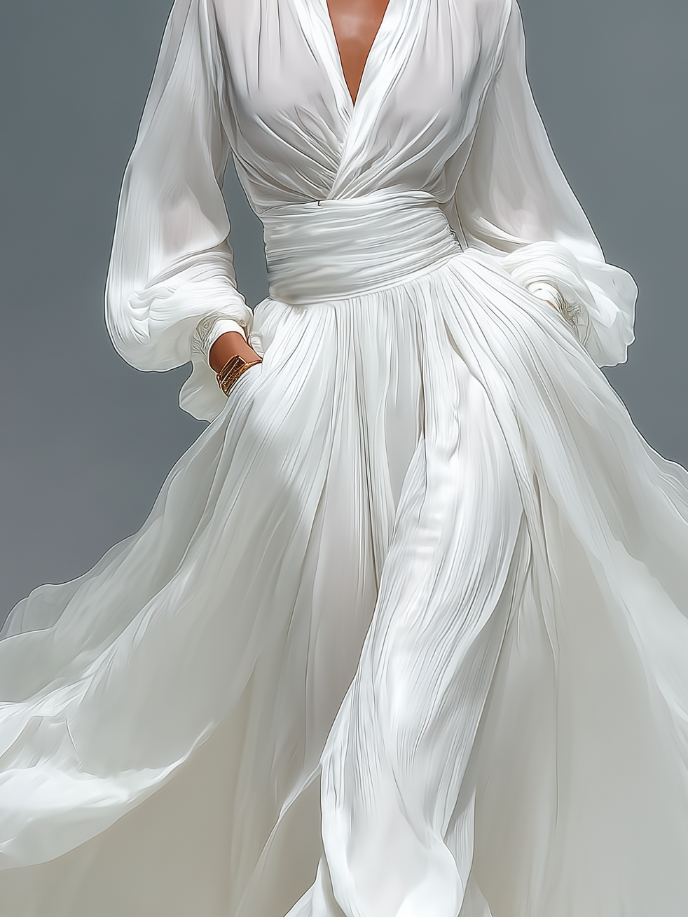 Women's Elegant White V-neck Chiffon Long-sleeved Dress MDA1103L9AN