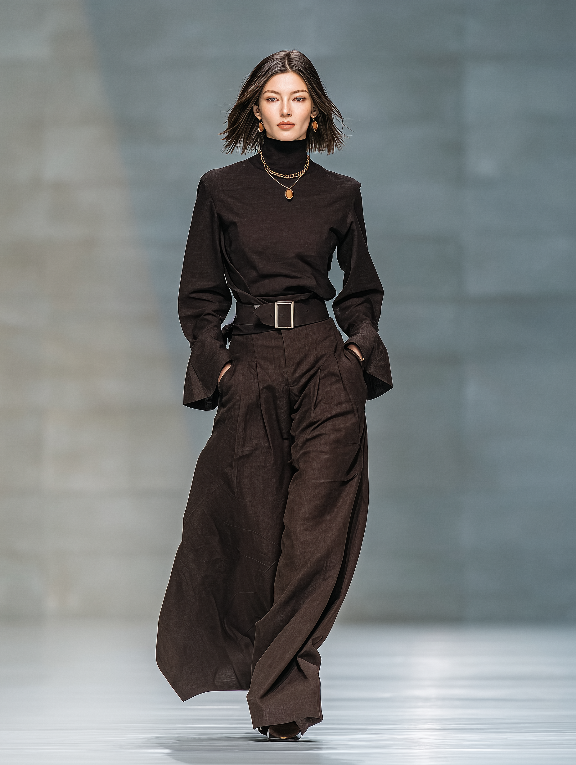 Women's Fashionable Dark Brown High-Neck Long-Sleeved Trousers Woven Set (Belt Not Included) MDA1193L7AN