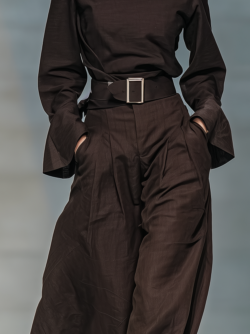 Women's Fashionable Dark Brown High-Neck Long-Sleeved Trousers Woven Set (Belt Not Included) MDA1193L7AN