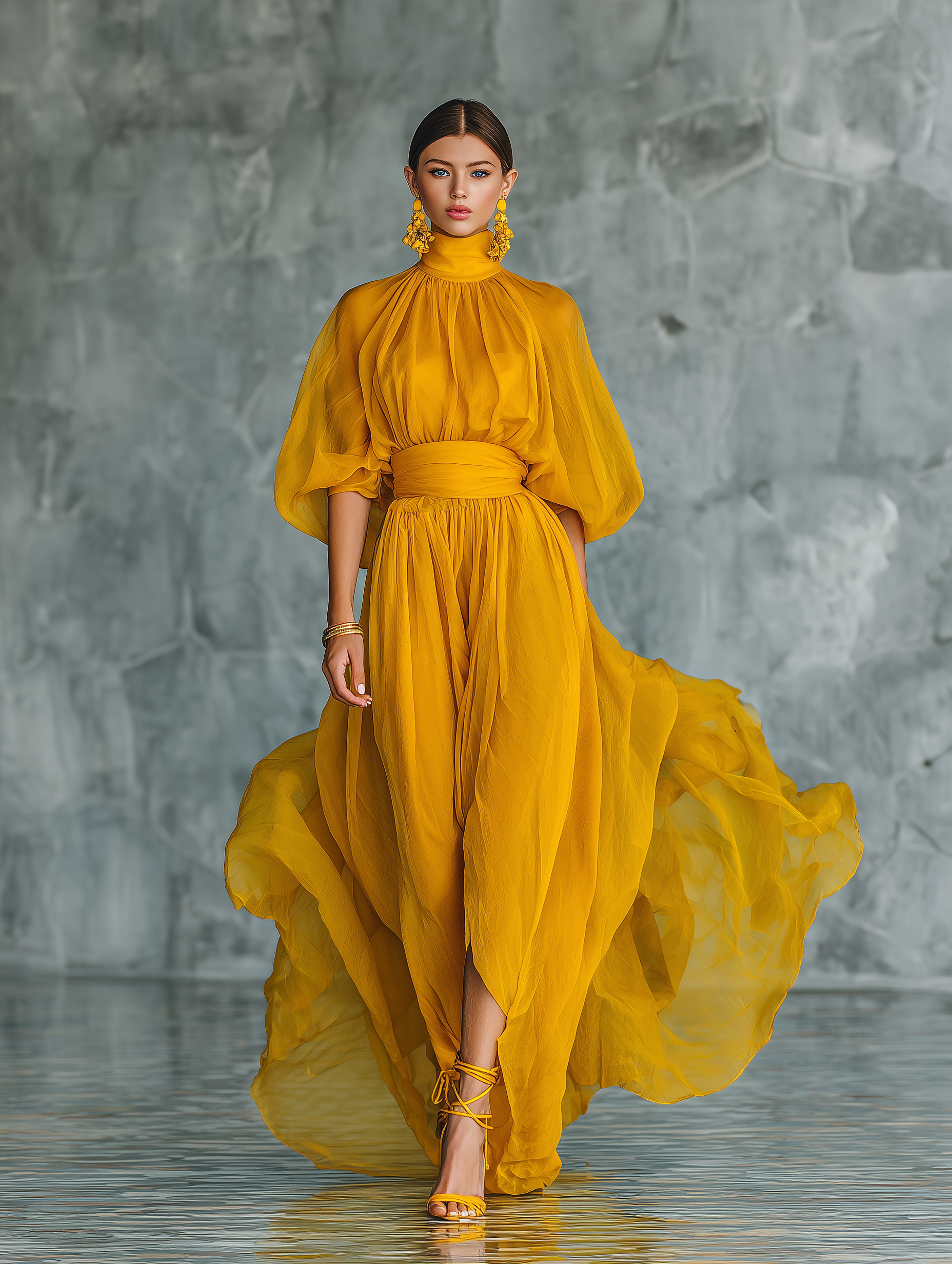 Women's Elegant Deep Yellow Chiffon Long-sleeved Dress MDA1152L1AN
