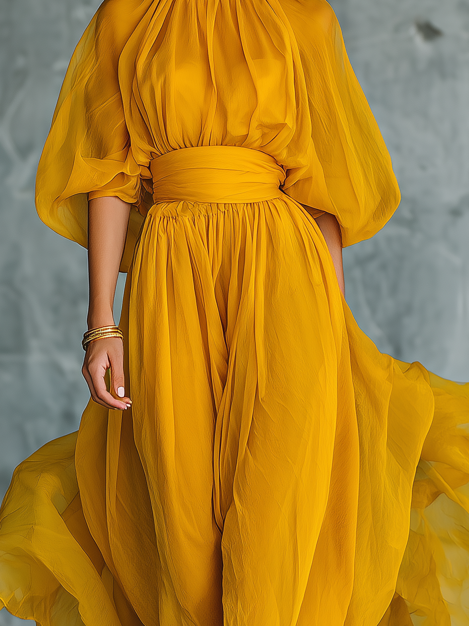 Women's Elegant Deep Yellow Chiffon Long-sleeved Dress MDA1152L1AN