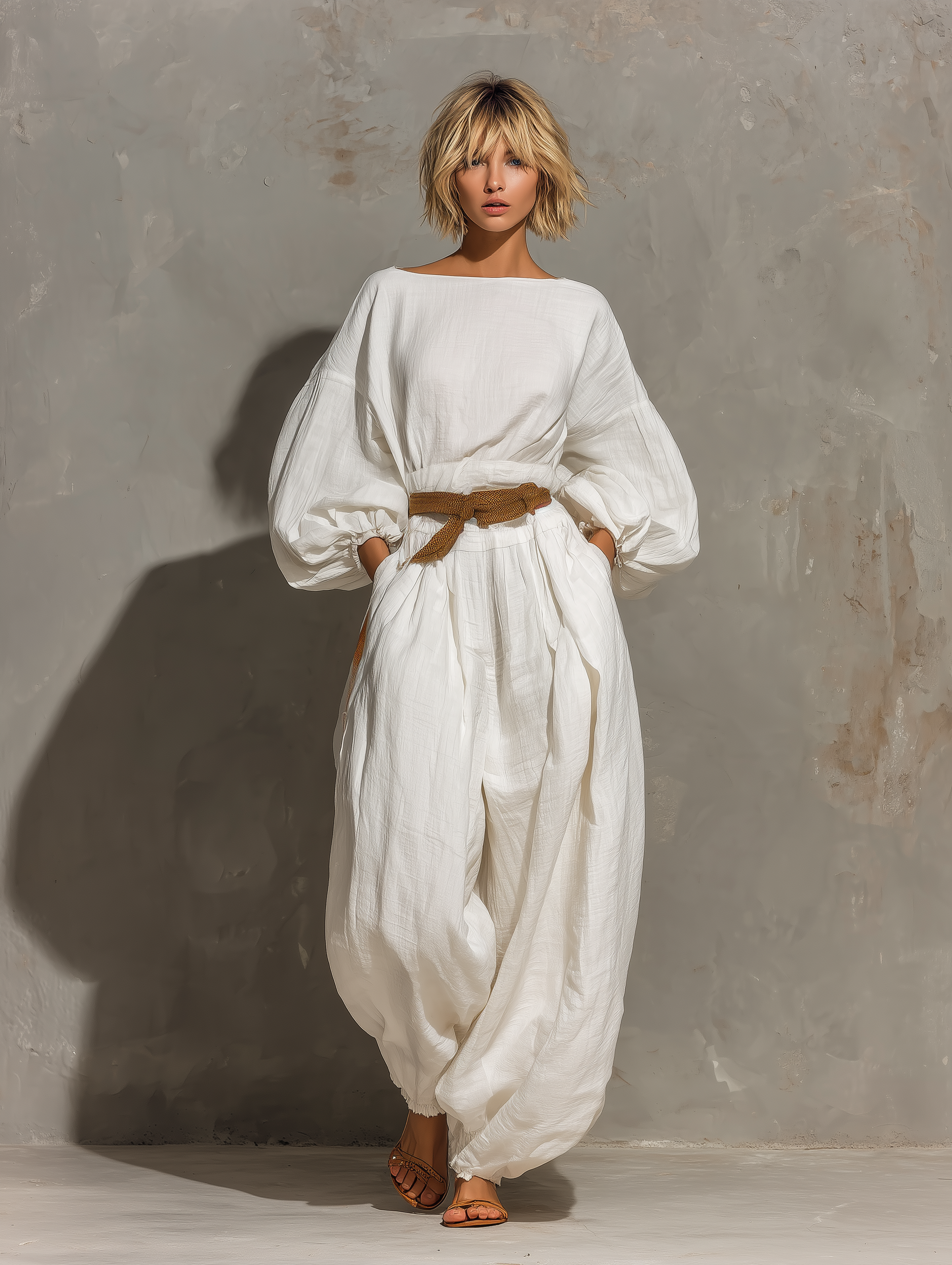 Women's Fashionable White Cotton And Linen Long-sleeved Loose-fitting Jumpsuit (belt Not Included) MDA1124L8AN