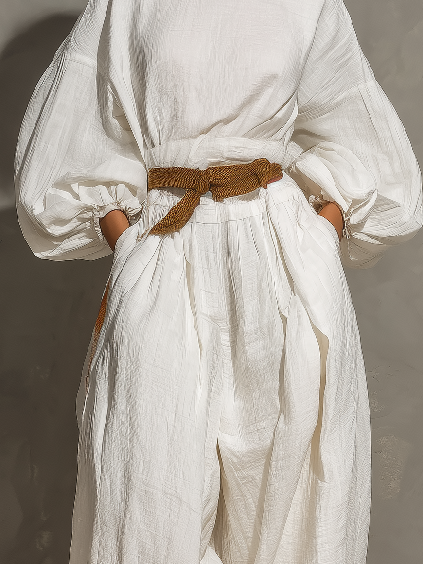 Women's Fashionable White Cotton And Linen Long-sleeved Loose-fitting Jumpsuit (belt Not Included) MDA1124L8AN